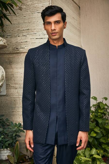 Shop_Bohame_Blue Georgette, Terrycloth Chains Krit Chikankari Achkan Jacket With Pant_Online_at_Aza_Fashions