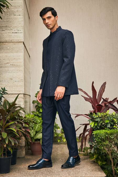 Bohame_Blue Georgette, Terrycloth Chains Krit Chikankari Achkan Jacket With Pant_at_Aza_Fashions