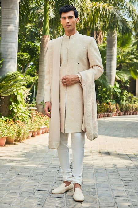 Buy Beige Sherwani And Dupatta Georgette Embroidered Hirav With