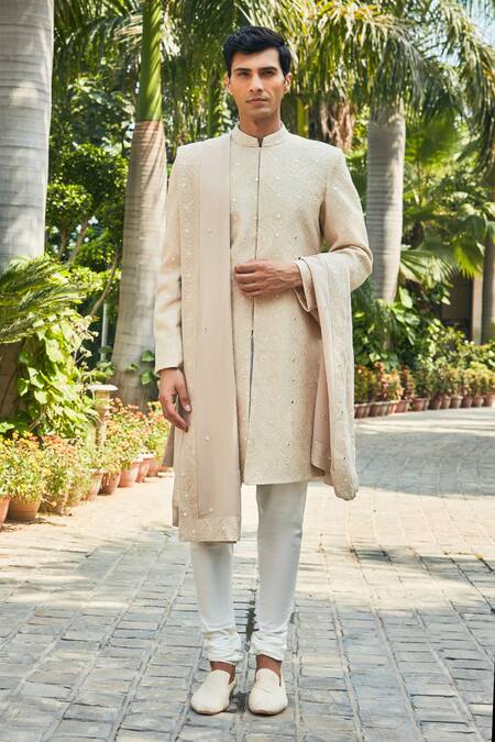 Bohame_Beige Cotton, Silk, Georgette Hirav Chikankari Sherwani With Kurta Set_at_Aza_Fashions