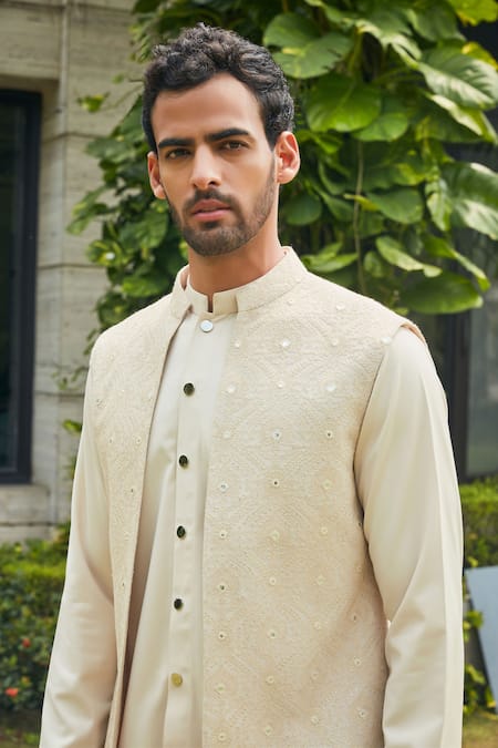 Bohame_Beige Georgette, Terrycloth Embroidery, Sequins Chikankari Bundi Kurta Set_Online_at_Aza_Fashions