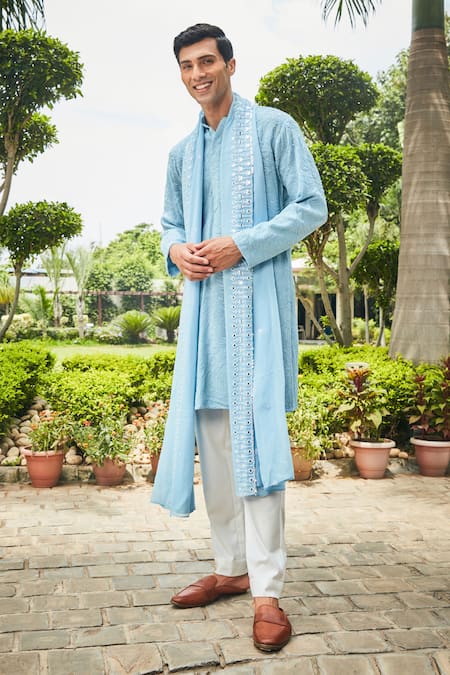 Bohame_Blue Georgette, Terrycloth Embroidery, Sequins Udvah Chikankari Kurta Set_Online_at_Aza_Fashions