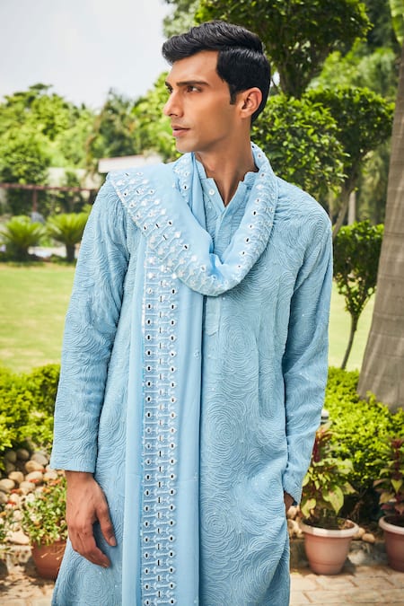 Buy_Bohame_Blue Georgette, Terrycloth Embroidery, Sequins Udvah Chikankari Kurta Set_Online_at_Aza_Fashions