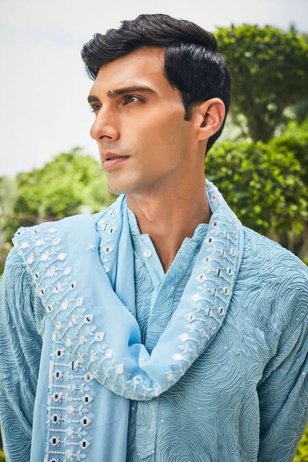 Bohame_Blue Georgette, Terrycloth Embroidery, Sequins Udvah Chikankari Kurta Set_at_Aza_Fashions