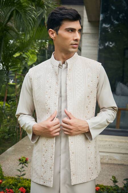 Buy_Bohame_Ivory Georgette, Terrycloth Embroidery, Sequins Chikankari Bundi And Kurta Set_Online_at_Aza_Fashions