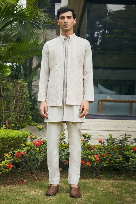 Shop_Bohame_Ivory Georgette, Terrycloth Embroidery, Sequins Chikankari Bundi And Kurta Set_Online_at_Aza_Fashions