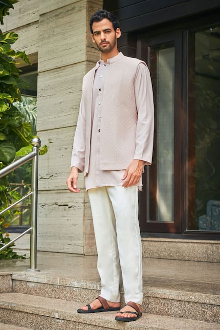 Bohame_Pink Georgette, Terrycloth Embroidery, Sequins Chikankari Bundi And Kurta Set_Online_at_Aza_Fashions