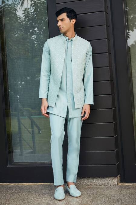 Bohame_Green Georgette, Terrycloth Embroidery, Sequins Chikankari Bundi And Kurta Set_Online_at_Aza_Fashions