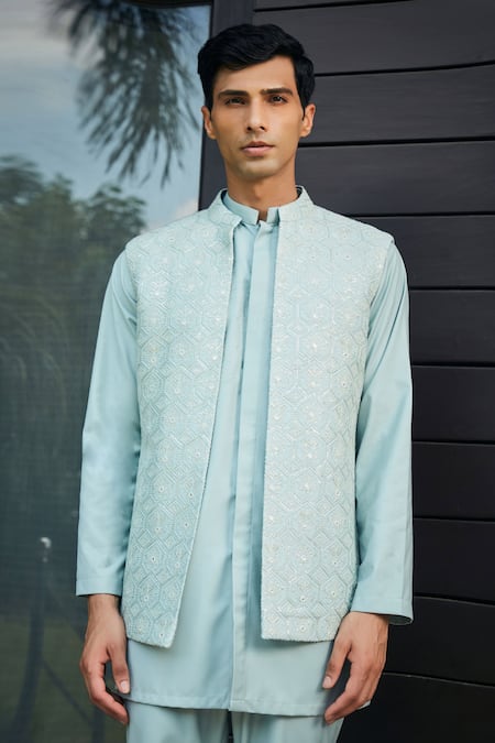 Shop_Bohame_Green Georgette, Terrycloth Embroidery, Sequins Chikankari Bundi And Kurta Set_Online_at_Aza_Fashions