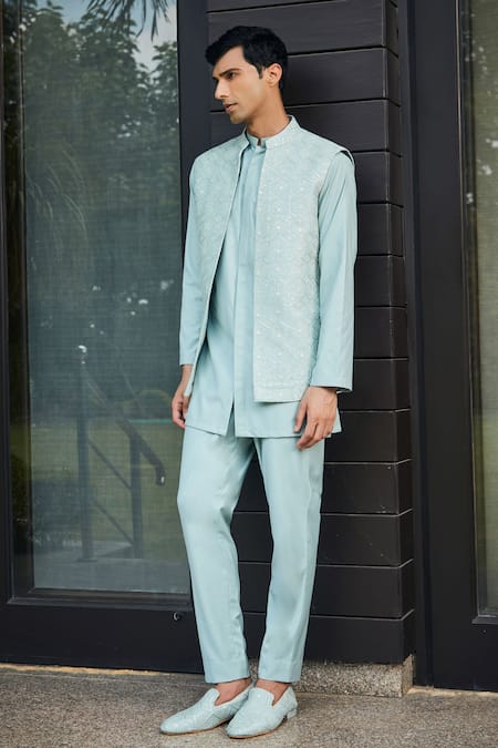 Bohame_Green Georgette, Terrycloth Embroidery, Sequins Chikankari Bundi And Kurta Set_at_Aza_Fashions