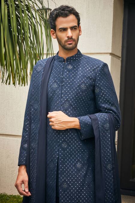 Bohame_Blue Georgette, Terrycloth Embroidery, Anvit Chikankari Sherwani With Kurta Set_Online_at_Aza_Fashions