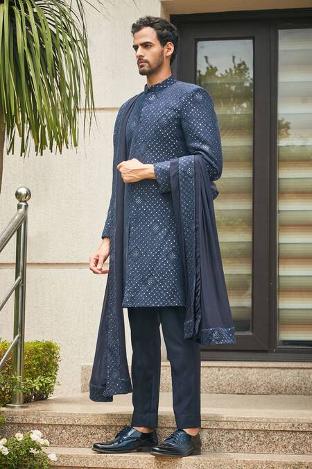 Buy_Bohame_Blue Georgette, Terrycloth Embroidery, Anvit Chikankari Sherwani With Kurta Set_Online_at_Aza_Fashions