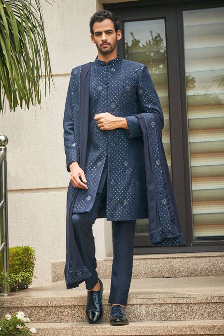 Shop_Bohame_Blue Georgette, Terrycloth Embroidery, Anvit Chikankari Sherwani With Kurta Set_Online_at_Aza_Fashions