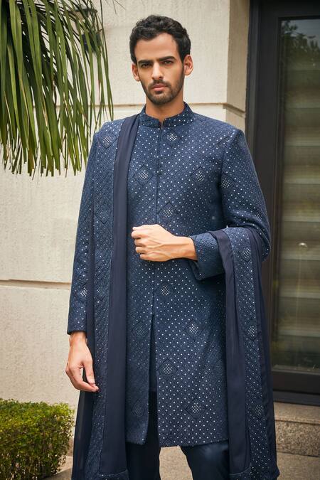 Bohame_Blue Georgette, Terrycloth Embroidery, Anvit Chikankari Sherwani With Kurta Set_at_Aza_Fashions