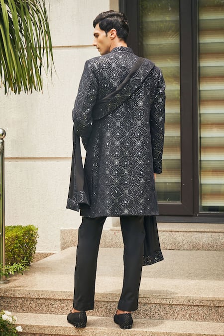 Shop Bohame Black Georgette, Terrycloth Chains, Varnit Chikankari Sherwani With Kurta Set at Aza Fashions Shop_Bohame_Black Georgette, Terrycloth Chains, Varnit Chikankari Sherwani With Kurta Set_at_Aza_Fashions