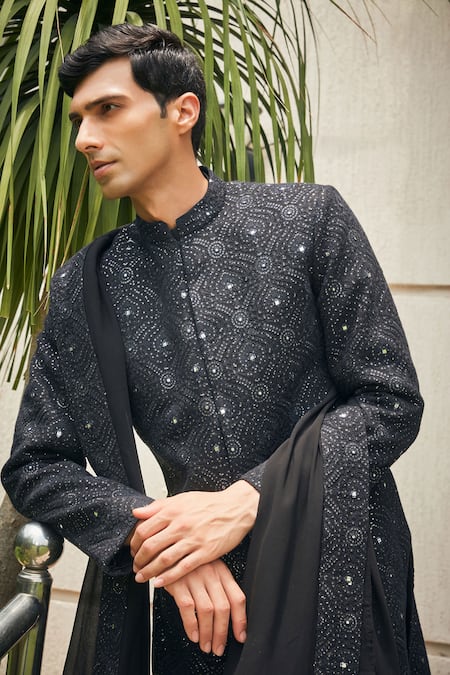 Bohame Black Georgette, Terrycloth Chains, Varnit Chikankari Sherwani With Kurta Set Online at Aza Fashions Bohame_Black Georgette, Terrycloth Chains, Varnit Chikankari Sherwani With Kurta Set_Online_at_Aza_Fashions
