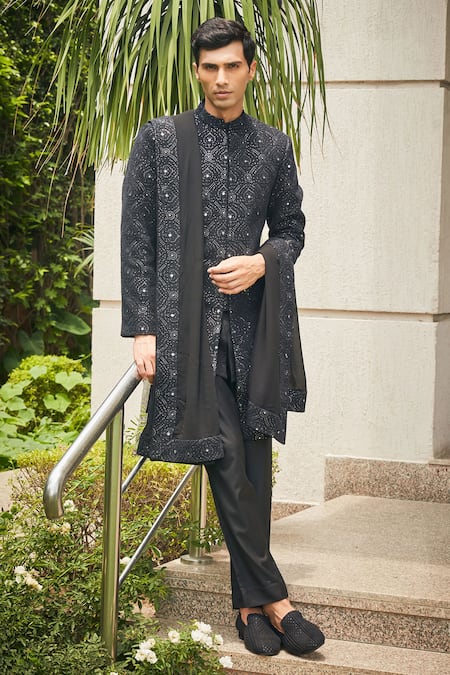 Buy Bohame Black Georgette, Terrycloth Chains, Varnit Chikankari Sherwani With Kurta Set Online at Aza Fashions Buy_Bohame_Black Georgette, Terrycloth Chains, Varnit Chikankari Sherwani With Kurta Set_Online_at_Aza_Fashions