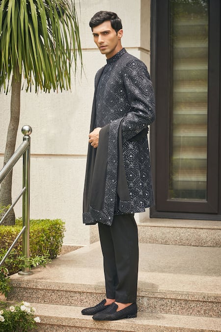 Shop Bohame Black Georgette, Terrycloth Chains, Varnit Chikankari Sherwani With Kurta Set Online at Aza Fashions Shop_Bohame_Black Georgette, Terrycloth Chains, Varnit Chikankari Sherwani With Kurta Set_Online_at_Aza_Fashions