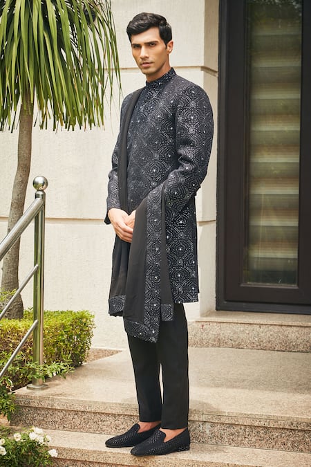 Bohame Black Georgette, Terrycloth Chains, Varnit Chikankari Sherwani With Kurta Set at Aza Fashions Bohame_Black Georgette, Terrycloth Chains, Varnit Chikankari Sherwani With Kurta Set_at_Aza_Fashions