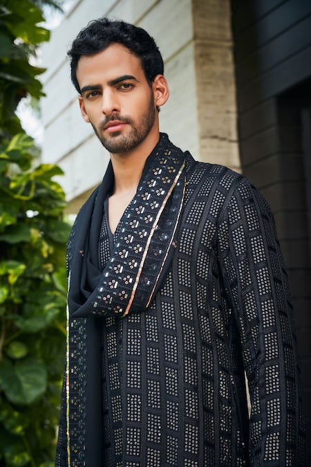 Bohame_Black Georgette, Rayon Embroidery Vyom Chikankari Kurta Set _Online_at_Aza_Fashions