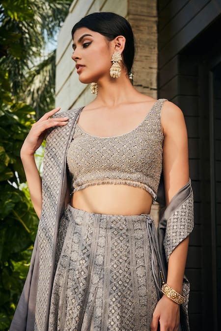 Bohame Grey Georgette Embroidery, Sequins Round Neck Eka Chikankari Lehenga Set Online at Aza Fashions Bohame_Grey Georgette Embroidery, Sequins Round Neck Eka Chikankari Lehenga Set _Online_at_Aza_Fashions