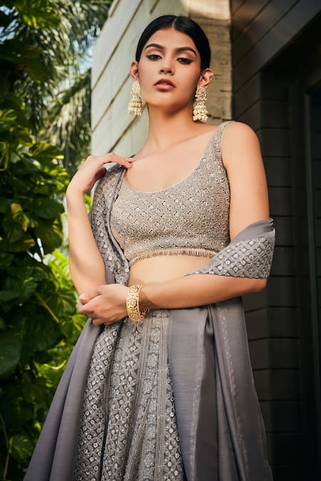Shop Bohame Grey Georgette Embroidery, Sequins Round Neck Eka Chikankari Lehenga Set Online at Aza Fashions Shop_Bohame_Grey Georgette Embroidery, Sequins Round Neck Eka Chikankari Lehenga Set _Online_at_Aza_Fashions