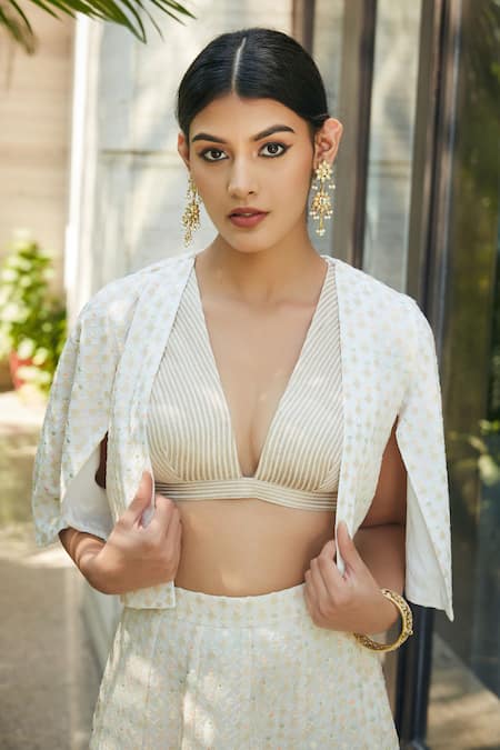 Shop_Bohame_White Georgette Embroidery Plunge Neck Beryl Lehenga Set With Jacket _Online_at_Aza_Fashions