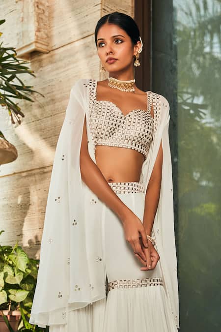 Bohame_White Georgette Zari Sweetheart Neck Embroidered Cape Sharara Set _Online_at_Aza_Fashions