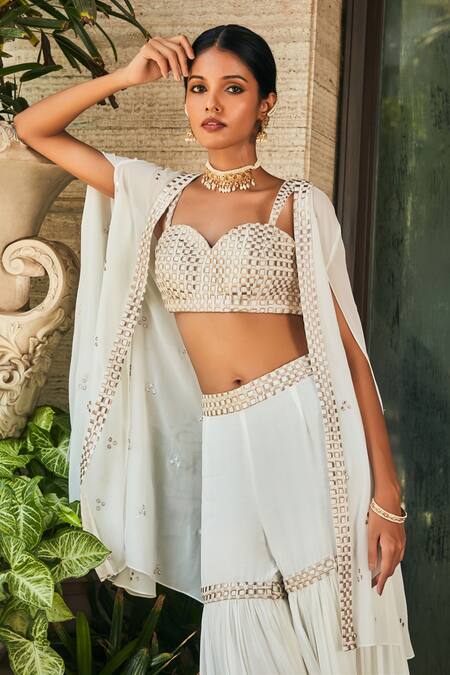 Shop_Bohame_White Georgette Zari Sweetheart Neck Embroidered Cape Sharara Set _Online_at_Aza_Fashions