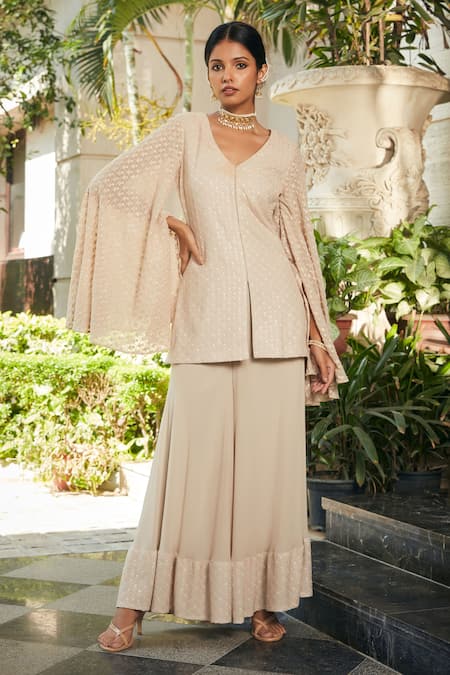 Bohame_Beige Georgette Embroidery V-neck Raga Chikankari Tunic And Flared Pant Set _Online_at_Aza_Fashions