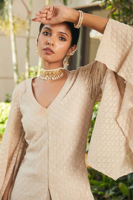 Buy_Bohame_Beige Georgette Embroidery V-neck Raga Chikankari Tunic And Flared Pant Set _Online_at_Aza_Fashions