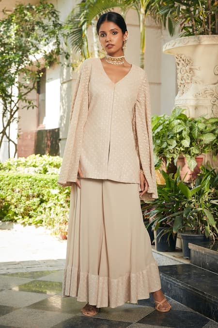 Bohame_Beige Georgette Embroidery V-neck Raga Chikankari Tunic And Flared Pant Set _at_Aza_Fashions