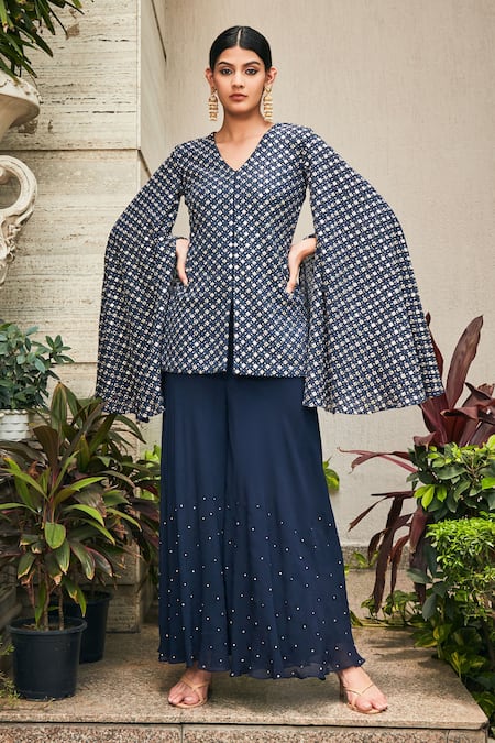 Bohame Blue Georgette Embroidered Mirror V Navy Chikankari Tunic And Flared Pant Set 