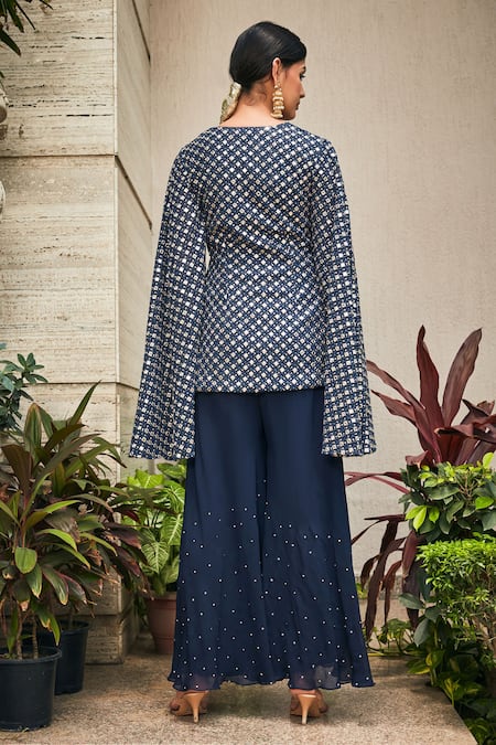 Bohame Navy Blue Chikankari Tunic & Flared Pant Set 