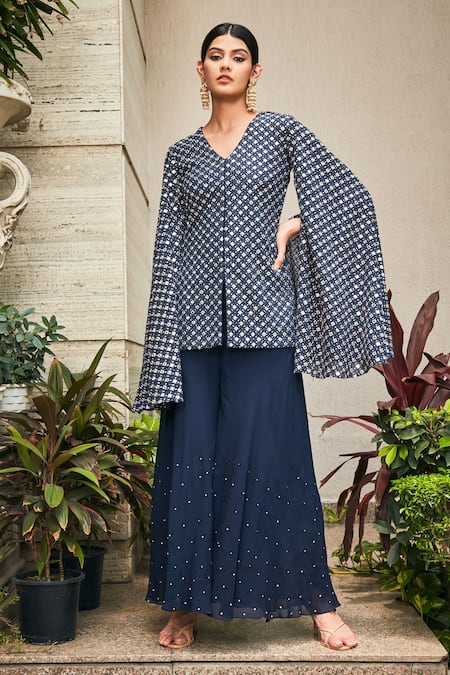 Bohame Blue Georgette Mirrors V-neck Navy Chikankari Tunic And Flared Pant Set Online at Aza Fashions Bohame_Blue Georgette Mirrors V-neck Navy Chikankari Tunic And Flared Pant Set _Online_at_Aza_Fashions