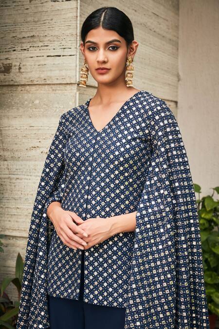 Buy Bohame Blue Georgette Mirrors V-neck Navy Chikankari Tunic And Flared Pant Set Online at Aza Fashions Buy_Bohame_Blue Georgette Mirrors V-neck Navy Chikankari Tunic And Flared Pant Set _Online_at_Aza_Fashions