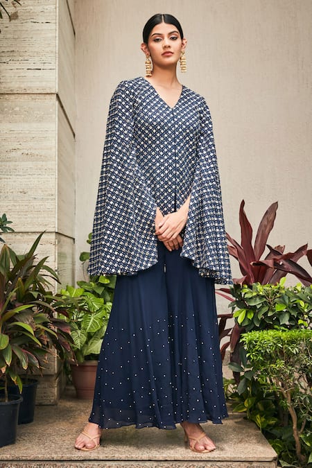 Shop Bohame Blue Georgette Mirrors V-neck Navy Chikankari Tunic And Flared Pant Set Online at Aza Fashions Shop_Bohame_Blue Georgette Mirrors V-neck Navy Chikankari Tunic And Flared Pant Set _Online_at_Aza_Fashions