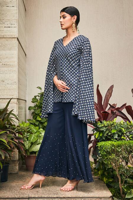 Bohame Blue Georgette Mirrors V-neck Navy Chikankari Tunic And Flared Pant Set at Aza Fashions Bohame_Blue Georgette Mirrors V-neck Navy Chikankari Tunic And Flared Pant Set _at_Aza_Fashions