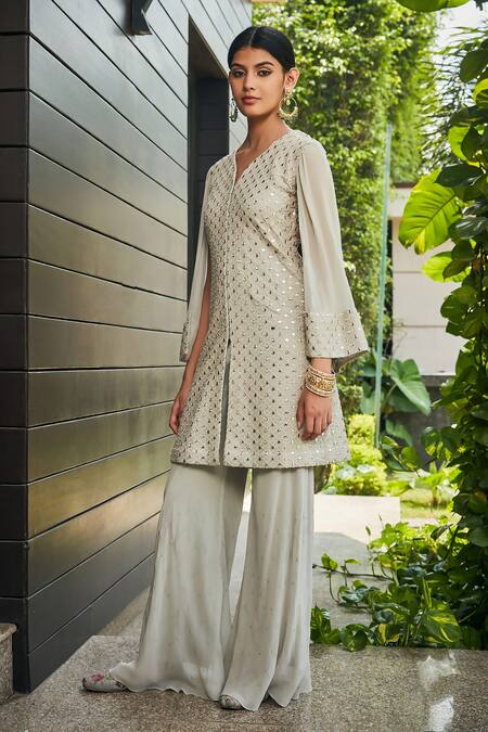 Bohame_Grey Georgette Embroidery V-neck Cahaya Mirror Tunic And Pant Set _at_Aza_Fashions
