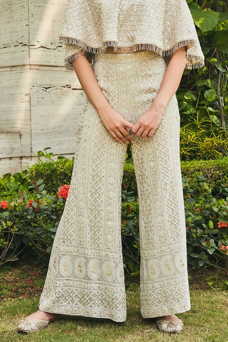 Bohame_Gray Georgette Embroidery, Mirrors Collared Chikankari Cape And Pant Set _Online_at_Aza_Fashions