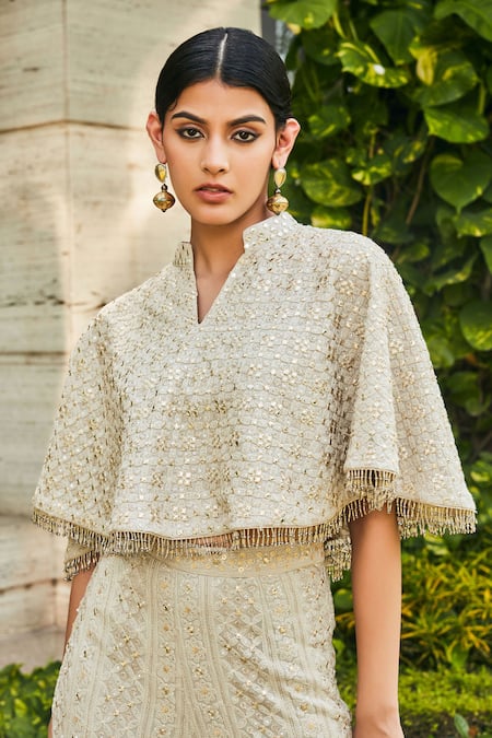 Buy_Bohame_Gray Georgette Embroidery, Mirrors Collared Chikankari Cape And Pant Set _Online_at_Aza_Fashions