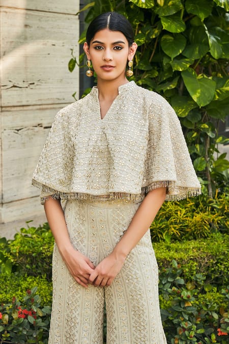 Shop_Bohame_Gray Georgette Embroidery, Mirrors Collared Chikankari Cape And Pant Set _Online_at_Aza_Fashions