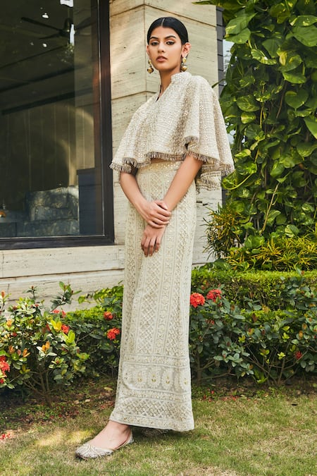 Bohame_Gray Georgette Embroidery, Mirrors Collared Chikankari Cape And Pant Set _at_Aza_Fashions