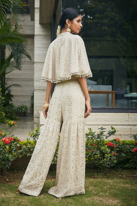Bohame Beige Chikankari Cape & Sharara Set 