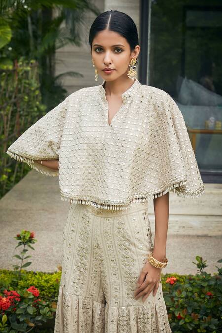 Buy Bohame Beige Georgette Embroidery, Mirrors Collared Chikankari Cape And Sharara Set Online at Aza Fashions Buy_Bohame_Beige Georgette Embroidery, Mirrors Collared Chikankari Cape And Sharara Set _Online_at_Aza_Fashions