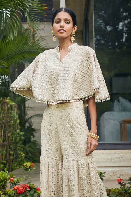 Shop Bohame Beige Georgette Embroidery, Mirrors Collared Chikankari Cape And Sharara Set Online at Aza Fashions Shop_Bohame_Beige Georgette Embroidery, Mirrors Collared Chikankari Cape And Sharara Set _Online_at_Aza_Fashions