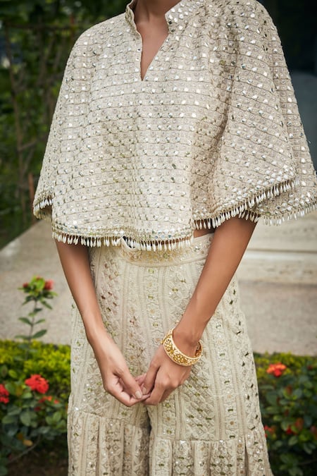 Buy Bohame Beige Georgette Embroidery, Mirrors Collared Chikankari Cape And Sharara Set Buy_Bohame_Beige Georgette Embroidery, Mirrors Collared Chikankari Cape And Sharara Set