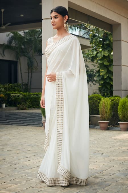 Shop_Bohame_White Georgette Embroidery, Mirrors Ayra Chikankari Work Saree With Blouse _Online_at_Aza_Fashions