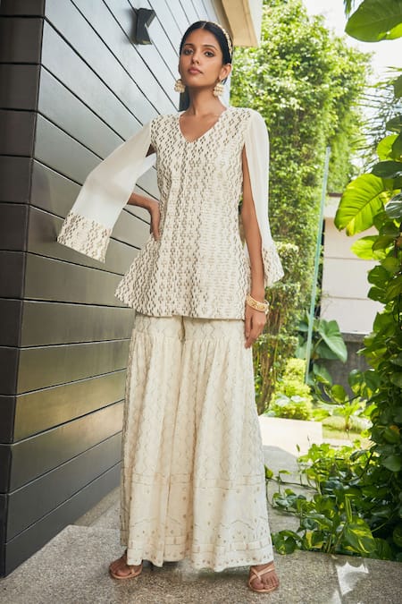 Bohame_Off White Georgette Embroidery, Mirrors V-neck Miah Tunic And Sharara Set _Online_at_Aza_Fashions