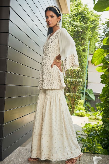 Bohame_Off White Georgette Embroidery, Mirrors V-neck Miah Tunic And Sharara Set _at_Aza_Fashions